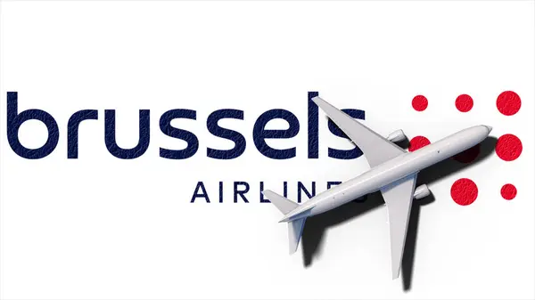 stock image New York, USA - 9 May 2024: Brussels company logo with plane flight 3D Illustration, Illustrative Editorial.