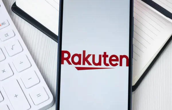 stock image New York, USA - 30 June 2024: Rakuten Logo on Phone Screen, Company Icon.