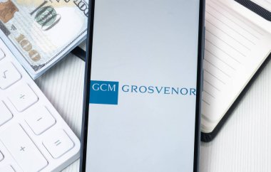 New York, USA - 30 June 2024: Grosvenor Capital Management Logo on Phone Screen, GCM Company Icon. clipart