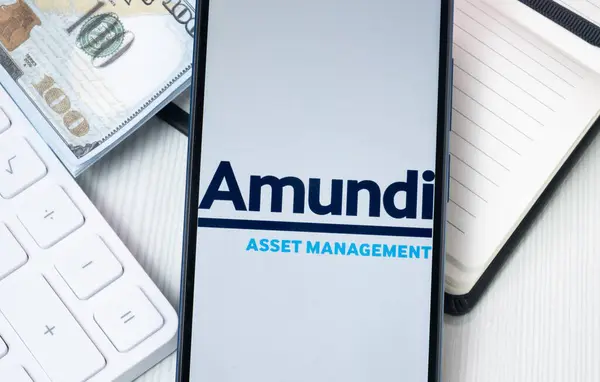 stock image New York, USA - 30 June 2024: Amundi Logo on Phone Screen, Company Icon.