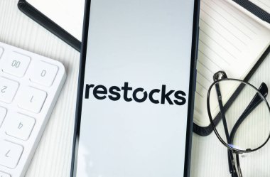 New York, USA - 30 June 2024: Restocks Logo on Phone Screen, Company Icon. clipart