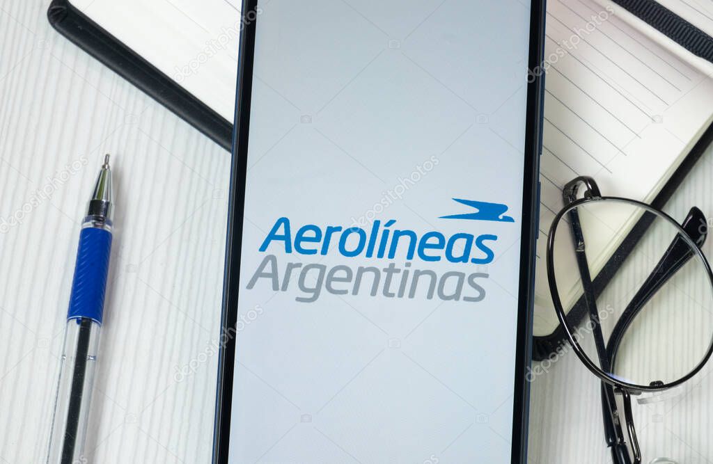 New York, USA - 30 June 2024: Aerolineas Argentinas Logo on Phone Screen, Company Icon.