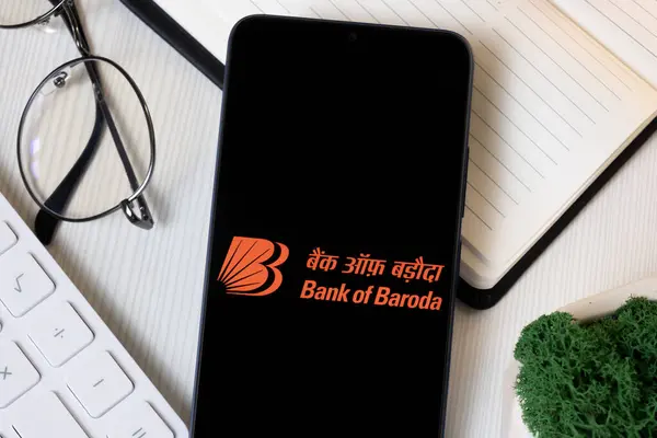 stock image New York, USA - 1 June 2024: Bank of Baroda Logo on Phone Screen, Company Icon.