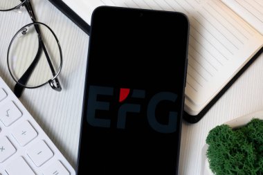 New York, ABD - 1 Haziran 2024: Uluslararası EFG Logosu Telefon Ekranı, Şirket Simgesi.