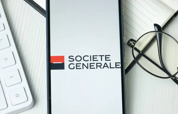 stock image New York, USA - 21 June 2024: Societe Generale Logo on Phone Screen, Company Icon.