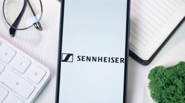 New York, USA - 21 June 2024: Sennheiser Logo on Phone Screen, Company Icon. clipart