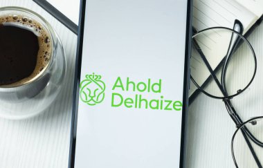 New York, USA - 21 June 2024: Ahold Delhaize Logo on Phone Screen, Company Icon. clipart