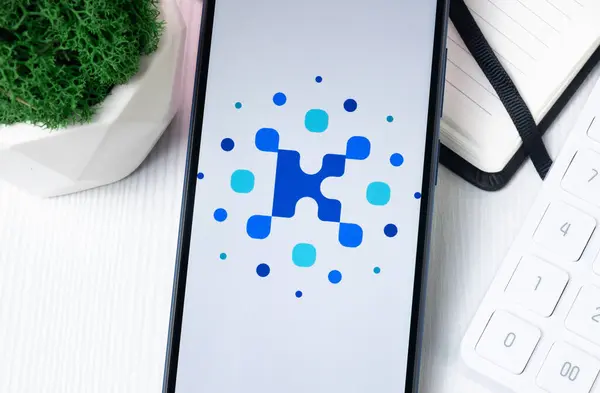 stock image New York, USA - 1 August 2024: Kin Logo on Phone Screen, Crypto Coin Icon.