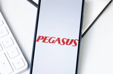New York, ABD - 1 Ağustos 2024: Pegasus Havayolları Logosu Telefon Ekranında, Şirket Simgesi Görünümünde.