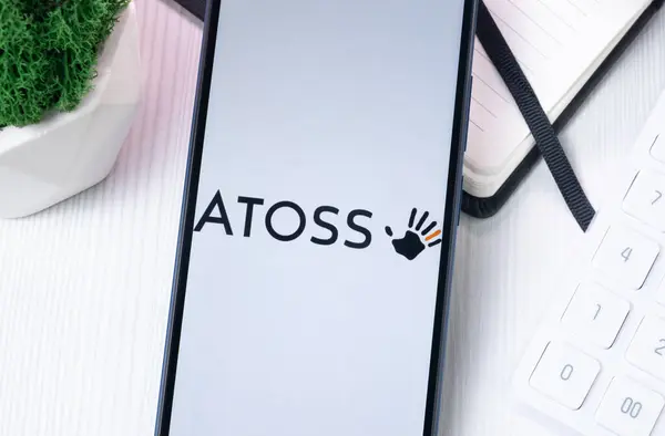 stock image New York, USA - 10 August 2024: Atoss Logo on Phone Screen, Company Icon on Display.