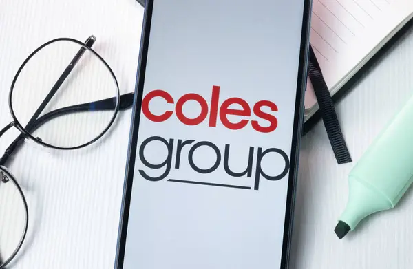 stock image New York, USA - 1 August 2024: Coles Group Logo on Phone Screen, Company Icon on Display.