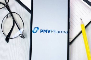 New York, USA - 1 August 2024: PMV Pharmaceuticals Logo on Phone Screen, Company Icon on Display. clipart