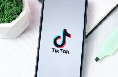 New York, ABD - 1 Ağustos 2024: Telefon Ekranında TikTok Logosu, Ekranda Simge.