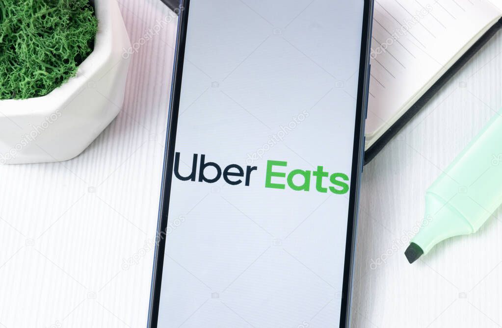 New York, USA - 1 August 2024: Uber Eats Logo on Phone Screen, Icon on Display.
