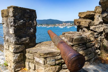 Hendaye 'deki (Fransa) eski top Hondarribia' ya (İspanya) bakıyor)