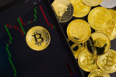 Bitcoin BTC 'nin dijital tablet üzerindeki genel görünümü ve çeşitli altın kripto paraların grafiği