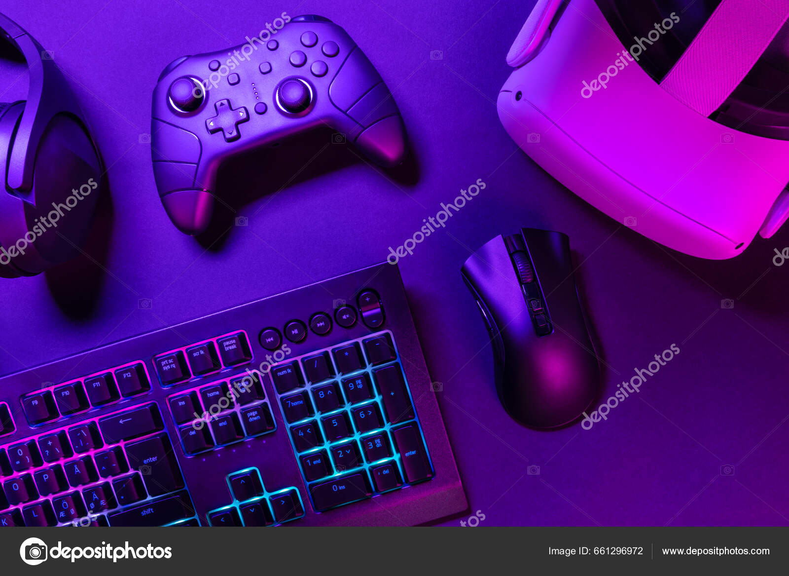 Directly View Virtual Gaming Gadgets Green Lit Keyboard Purple Table Stock  Photo by ©kjekol 661296972