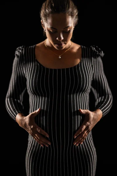 Full Length Portrait Pregnant Woman Black White Striped Dress Pearl — Stock Photo, Image