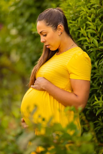 Schwangere Gelben Kleid Genießt Die Sonne Einem Garten Sie Posiert — Stockfoto