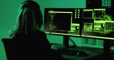 Sıfır gün savunmasızlıktan yararlanmak için kadın siber güvenlik kodu kötü amaçlı yazılım. Koyu yeşil bir odada bilgisayarı hacklemek.