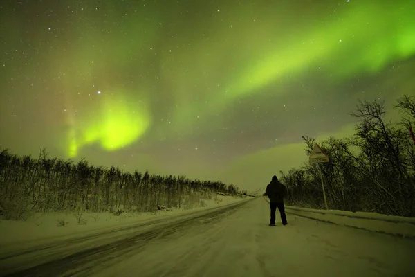 북극의 매혹적인 북극광과 아래에서 외로운 관찰자의 실루엣 스톡 사진