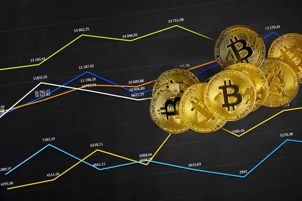 Złote Bitcoiny Statystykach Wykresach Finansowych Nad Wartościami Cenami Kryptowalut Wirtualne Obraz Stockowy