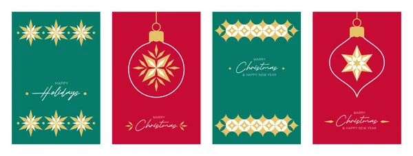 Set Merry Christmas Happy New Year Greeting Card Red Green — Stock Vector