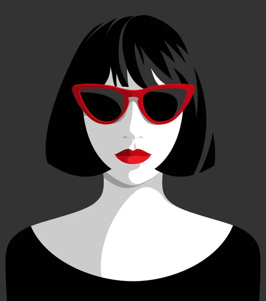 Kırmızı Retro Güneş Gözlüğü Siyah Elbise Giyen Güzel Bir Kadının — Stok Vektör