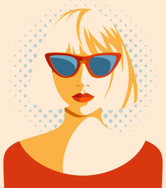 Wektor Portret Pięknej Młodej Blondynki Noszącej Czerwone Okulary Przeciwsłoneczne Czerwoną — Wektor stockowy