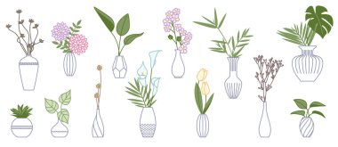 Set of vases with bouquet of flowers and tropical leaves isolated on white background, design of interior decor, colorful vector illustration