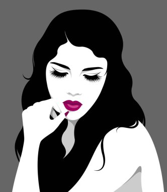 Beautiful young thoughtful woman looking down with long black wavy hair and full lips, simple vector portrait
