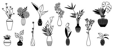 Set of vases with bouquet of flowers and tropical leaves in black and white color isolated on white background, design of interior decor, vector icons and symbols