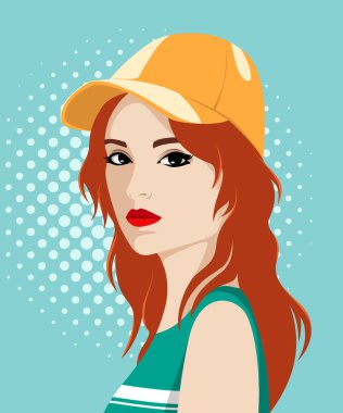 Beautiful redhead woman wearing baseball cap (Beautiful young redhead woman with long wavy hair wearing orange baseball cap and T-shirt against spotted background, simple colorful vector portrait