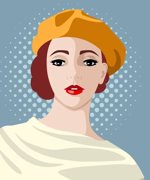 Beautiful Young Fashionable Redhead Woman Wearing Beret Elegant Dress Dotted — Stock Vector