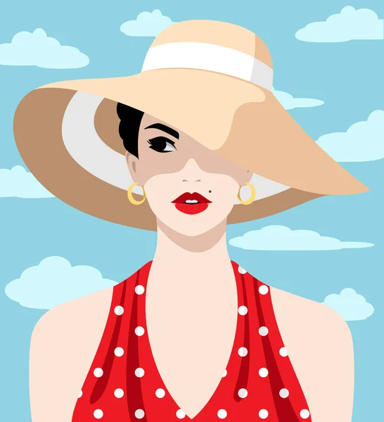 青い空 フロントビュー カラフルなベクトルの肖像画に対してレトロなスタイルでポルカドットパターンと大きな太陽の帽子と赤いドレスを身に着けている美しい若い女性 — ストックベクタ