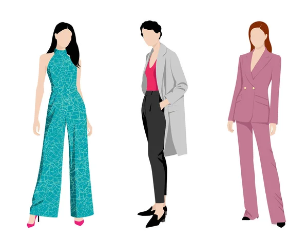 Jeune Belle Trois Femmes Portant Différents Pantalons Manteaux Mode Veste — Image vectorielle