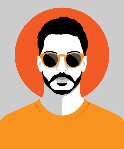 ファッショナブルなサングラスとオレンジのTシャツ カラフルなベクトルの肖像画 フロントビューを身に着けている若い髭のハンサムな男 — ストックベクタ