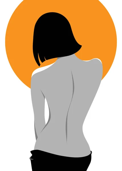 Illustrazione Vettoriale Bella Donna Nuda Contro Grande Sole Arancione Vista — Vettoriale Stock