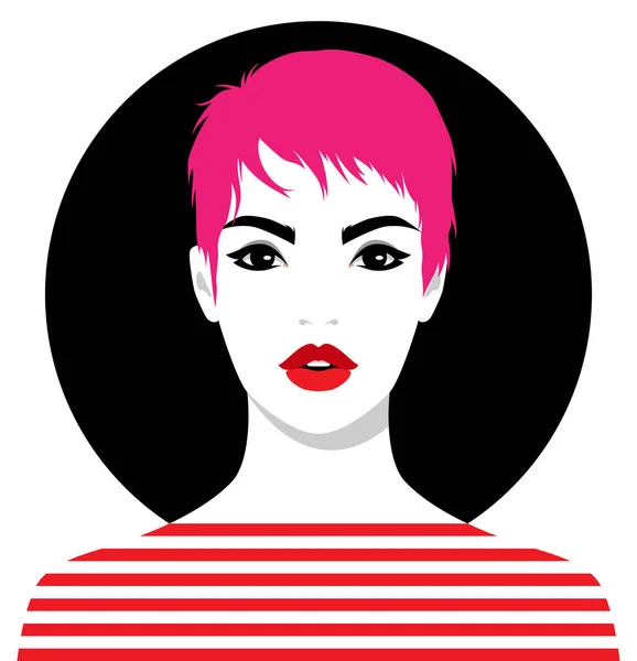 Красива Молода Жінка Коротким Рожевим Волоссям Відкритими Повними Червоними Губами — стоковий вектор