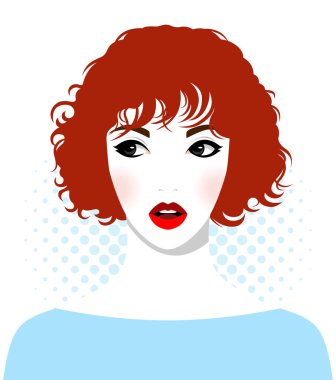 Beautiful young redhead woman with wavy short hair, open red lips and fresh pink cheeks, wearing simple light blue dress, looking away against dotted background, colorful vector portrait, front view clipart