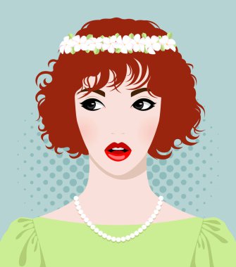 Dalgalı kısa saçlı güzel, kızıl saçlı, açık kırmızı dudaklı ve pembe yanaklı, başında çiçek çelengi olan, fırfırlı kollu yeşil elbiseli, başka yöne bakan, renkli vektör portresi, ön görüş
