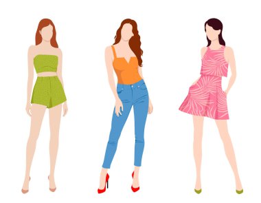 Three beautiful young women wearing fashionable outfits and court shoes, isolated on white background, colorful vector illustration clipart