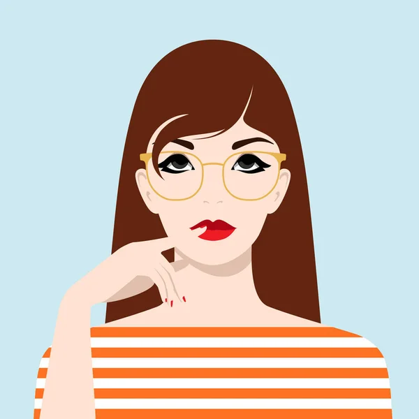 Schöne Süße Junge Frau Mit Langen Haaren Brille Und Gestreiftem — Stockvektor