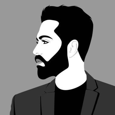Gri arka planda izole edilmiş siyah tişörtlü, ceketli, sakallı yakışıklı bir adam.