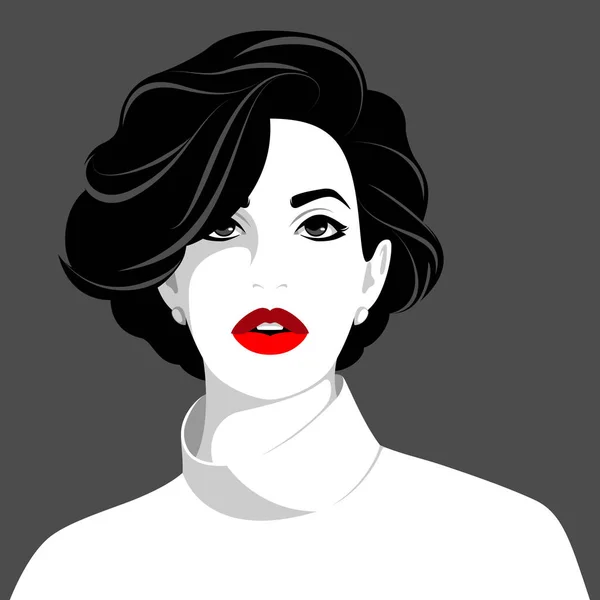 Portrait Belle Femme Élégante Avec Lèvres Rouges Pleines Cheveux Courts — Image vectorielle