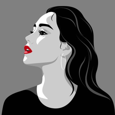 Açık kırmızı dudaklı, uzun siyah dalgalı saçlı, halka küpeli ve siyah elbiseli çekici bir genç kadının basit bir çizimi.