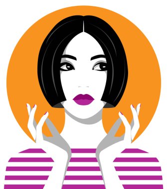 Dolgun dudaklı, kısa saçlı, çizgili tişörtlü, ön manzaralı zarif genç bir kadının vektör portresi.