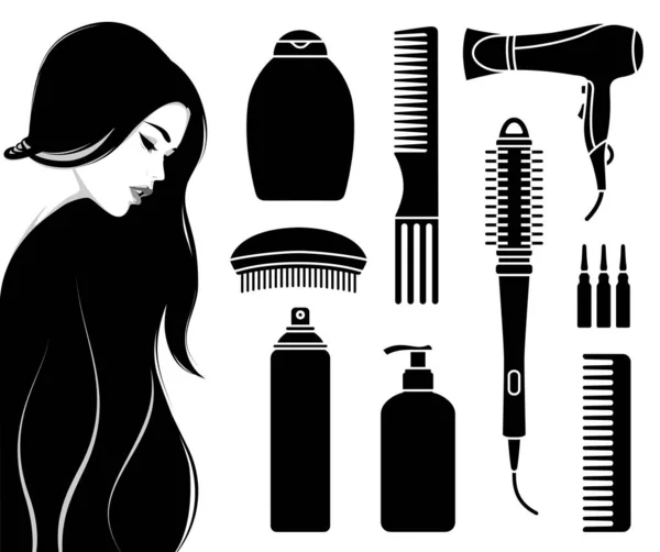 stock vector Collection of professional hairdressing tools, cosmetics and equipment and beautiful woman with long wavy hair, profile view