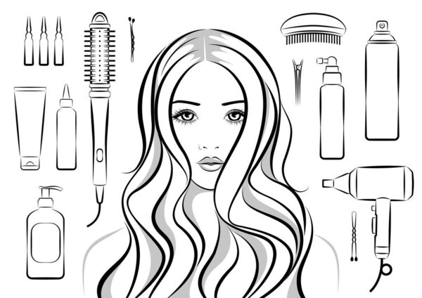 Beautiful girl with long wavy hair, professional hairdresser cosmetics, tools and equipment isolated on white background, vector illustration