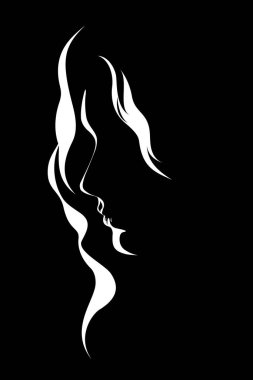 Siyah arka planda arka planda güzel bir kadının silueti, siyah beyaz vektör çizimi